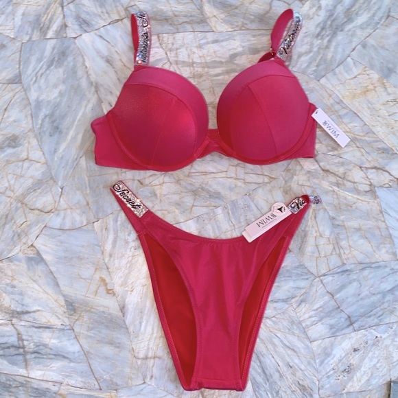 2 Pc Set 38C + Large VS Swim Shine Strap Sexy Tee Bikini + Bottoms Pink Red - Picture 1 of 15